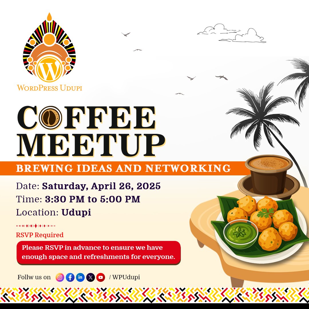 WordPress Udupi Coffee Meetup ✨☕

Join us for a casual meetup with hot filter coffee &amp; bisi bisi goli baje!

Let's network, share WordPress tips, and grow together.

RSVP now: meetup.com/wpudupi/events…

#WPUdupi #Udupi #Coffee