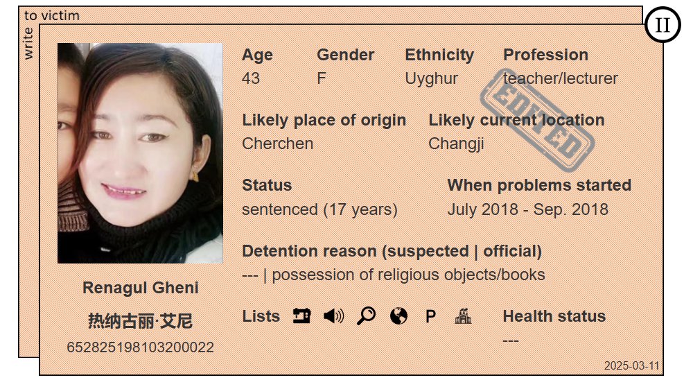 We will never forget Renagul Gheni and how she is still detained in a concentration camp for owning a Qur'an and offering Janazah Prayer... and Renagul's uncle, Jappar Tumur, was also sentenced to 20 years in Korla Prison for no reason 😰