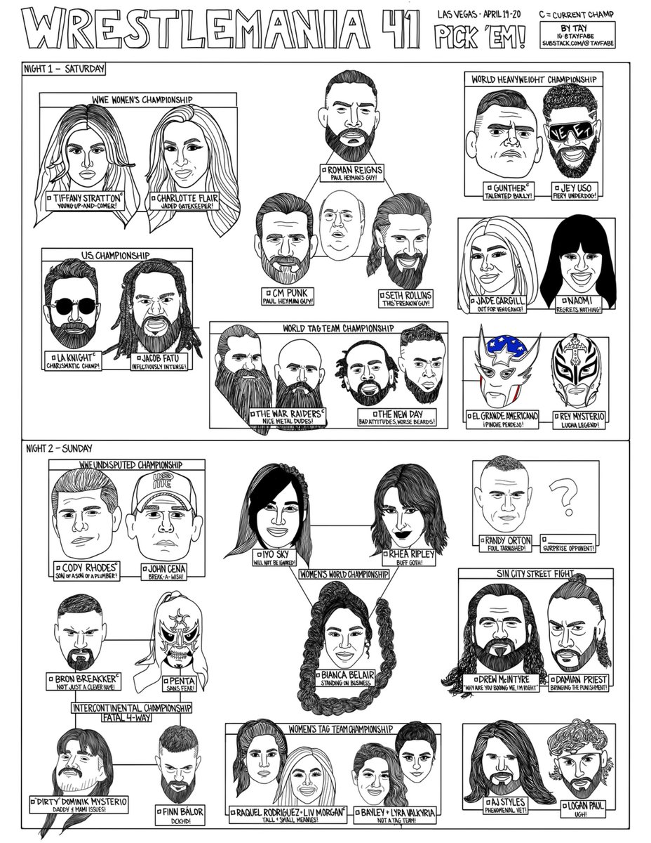 tayfabe_'s tweet photo. Wrestlemania 41 pick ‘em! Happy mania weekend!

#WWE #WrestleMania https://t.co/5XMphnuzPF