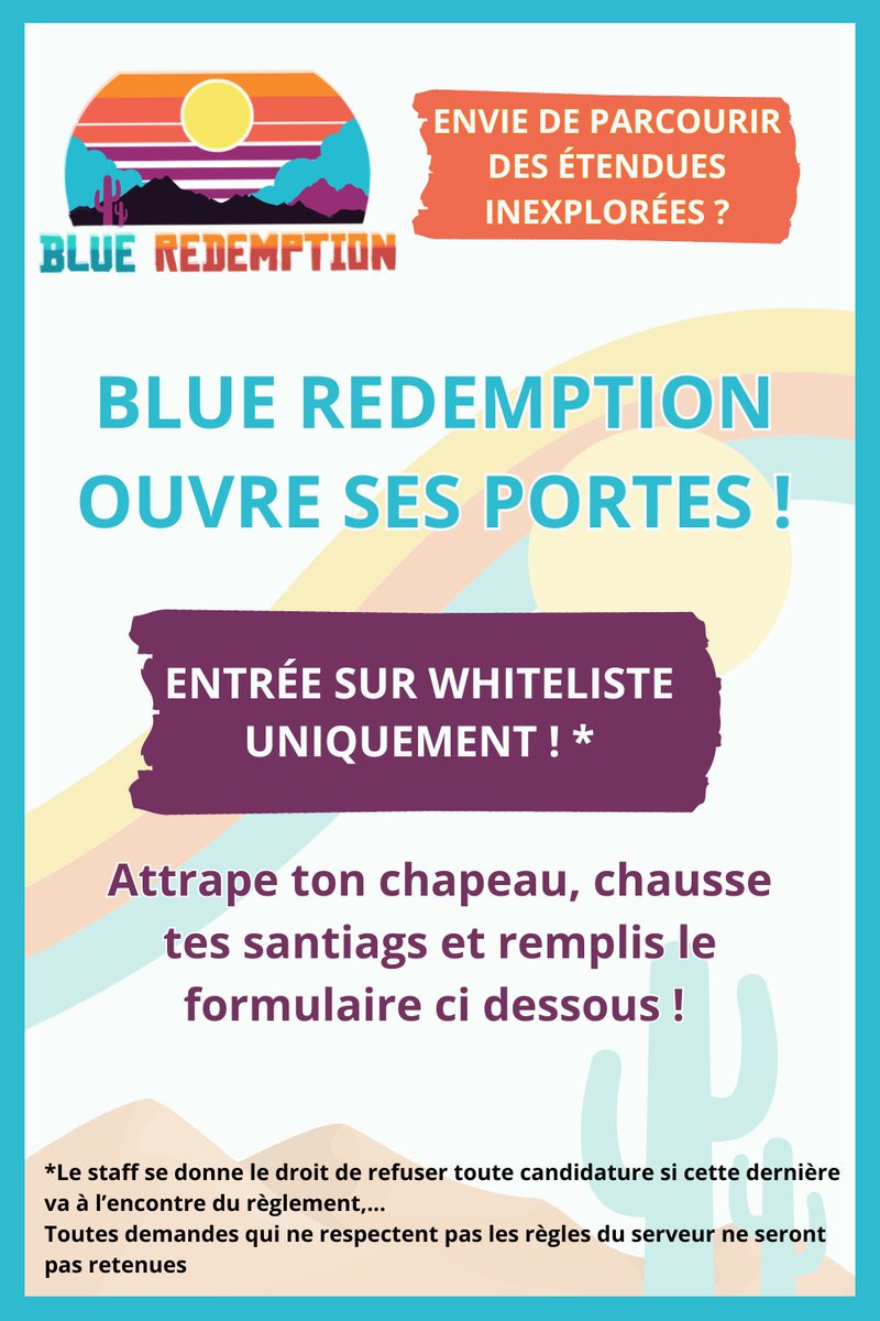 LES INSCRIPTIONS AU SERVEUR BLUE REDEMPTION OUVERT DU 29/09 AU 02/11 SONT OUVERTES!🤠

⚠️Ne rejoignez que si vous êtes prêts à vous investir sur le serveur! Nous recherchons 300-400 joueurs et nos critères de sélection seront plus strict quand il y aura moins de places.

⬇️LIEN⬇️