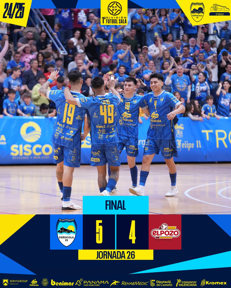 peniscolafs's tweet photo. #PeñíscolaElPozo 🔵⚪️

⚽️ 5-4 | ⏱️ 𝐅𝐈𝐍𝐀𝐋 𝐃𝐄𝐋 𝐏𝐀𝐑𝐓𝐈𝐃𝐎

✅ Los tres puntazos se quedan en casa. ¡Grande, equipo! ¡Gracias, afición! 

#PrimeraDivisiónFS 
#HastaElFinalPeñíscola 💙 https://t.co/tGnzO06SOF