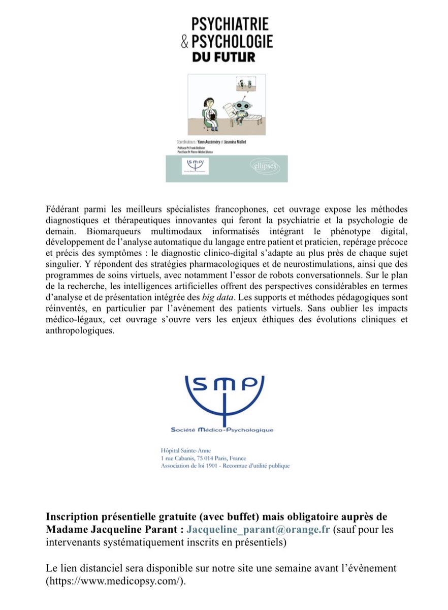 SocieteMedicoPsychologique (@smp_medicopsych) on Twitter photo #savethedate! Le 25 juin Ă lâAcadĂ©mie de #medecine, lancement de lâouvrage â#psychiatrie et #psychologie du #futurâ, coordonnĂ© par les Drs Yann Auxemery et <a href="/MalletJasmina/">Jasmina Mallet</a>.
Merci Ă tous les auteurs et auteures, et certains seront prĂ©sents ce jour lĂ ! #savethedate! Le 25 juin Ă lâAcadĂ©mie de #medecine, lancement de lâouvrage â#psychiatrie et #psychologie du #futurâ, coordonnĂ© par les Drs Yann Auxemery et <a href="/MalletJasmina/">Jasmina Mallet</a>.
Merci à tous les auteurs et auteures, et certains seront présents ce jour là !
