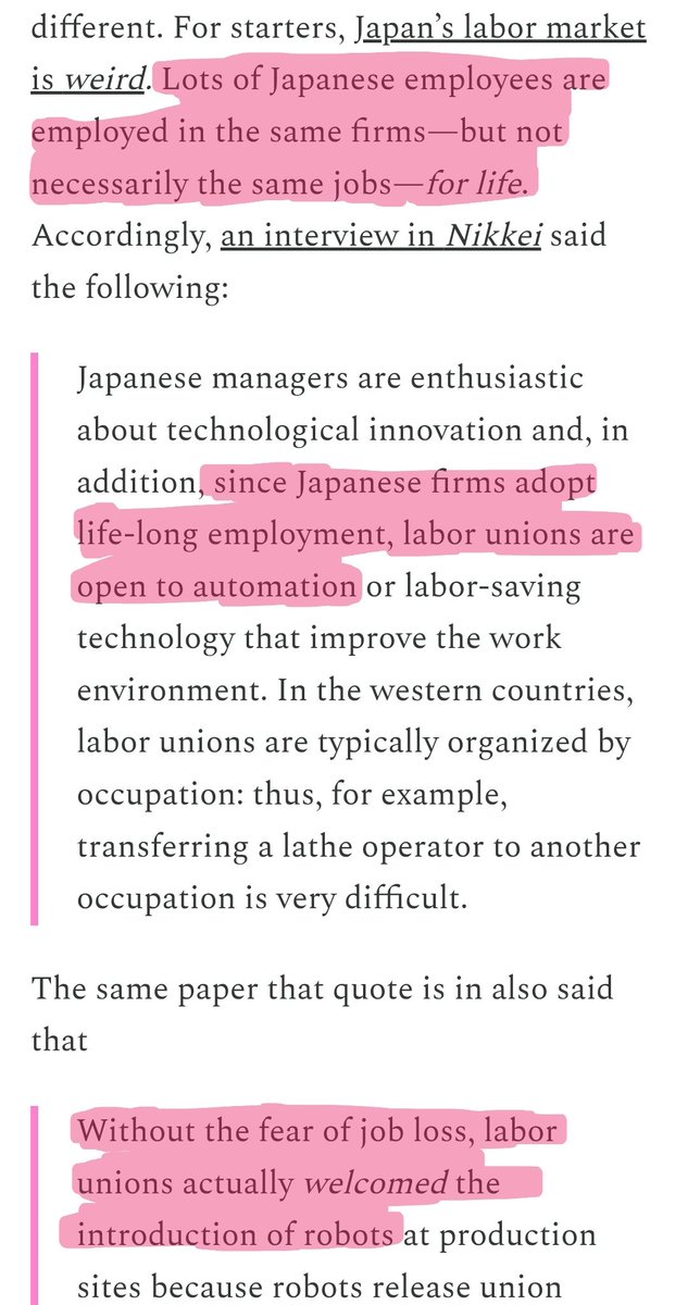 In Japan, many are employed for life at the firm level rather than the occupation level

Firms retrain people, so don't view robots as displacing

Firms pride themselves on getting workers away from the "3K": kitsui, or "hard"; kitanai, or "dirty"; and kiken, or "dangerous" jobs