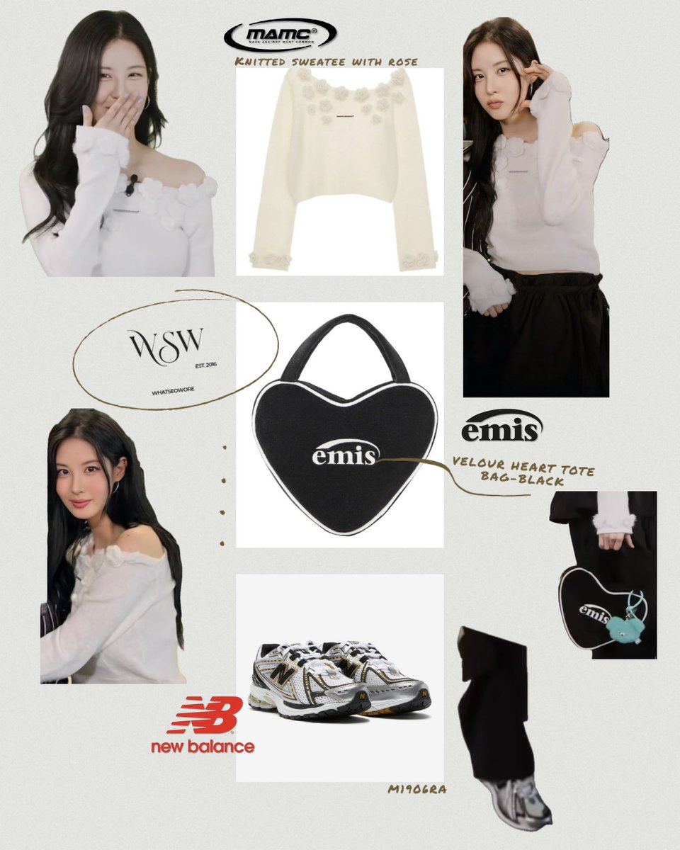 MAMC | Knitted Sweater with Rose $30.77

EMIS | Velour Heart Tote $79.00

New Balance | M1906RA ₩179,000

('Hyo's Level Up' Episode 31 250416)

#whatseowore #seohyun #서현