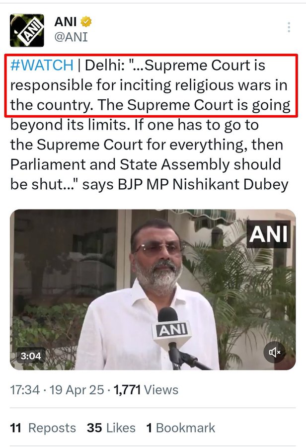 surajmehra01's tweet photo. निशिकांत दुबे ने कहा सुप्रीम कोर्ट सीमाओं को लांघ रहा है 

देश में गृह युद्ध के लिए CJI संजीव खन्ना जिम्मेदार

अगर कोर्ट कानून बनाएगा तो संसद बंद कर दें।

#NishikantDubey Supreme Court 
#PBKSvsRCB Raj Thackeray  #SupremeCourtOfIndia Vaibhav 
Waqf "President" https://t.co/281CqnjZTk