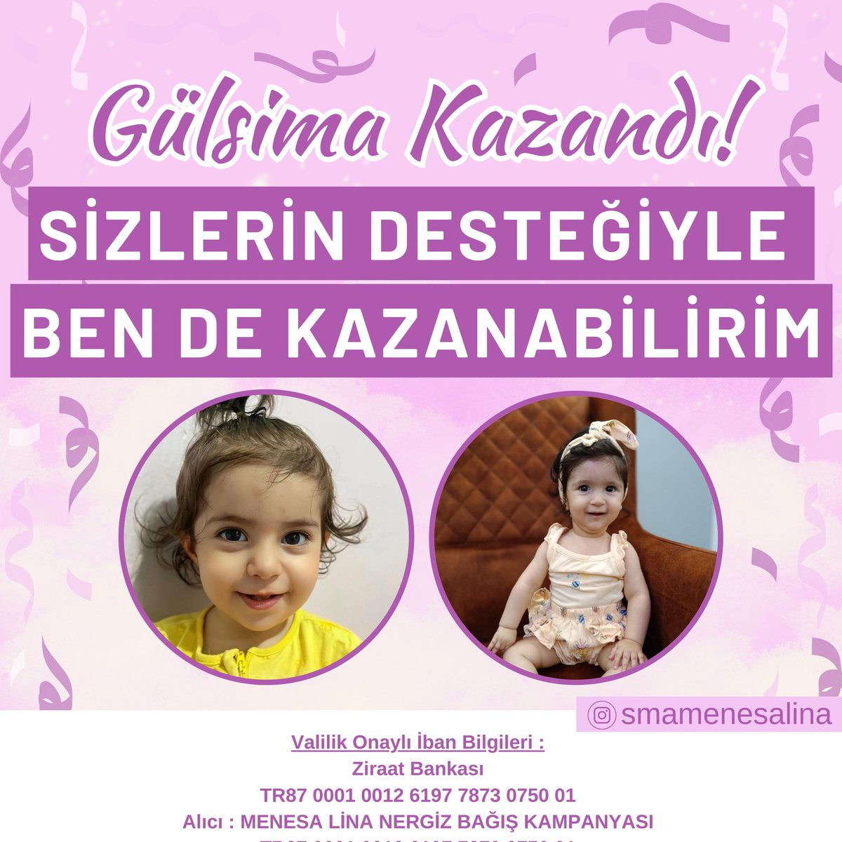 Desteklerinizle SMA değil Gülsima kazandı...✈️✈️

🎉🥳🎉🥳🎉🥳🎉🥳🎉

İlacın her damlası Gülsima'ya can olsun şifa olsun...🤲🎈✈️

Şimdi ise sıra bende siz değerli büyüklerim lütfen elimi bırakmayın %60'da olan kampanyamızı sizlerle birlikte koşar adım %100'e taşıyalım...🙏