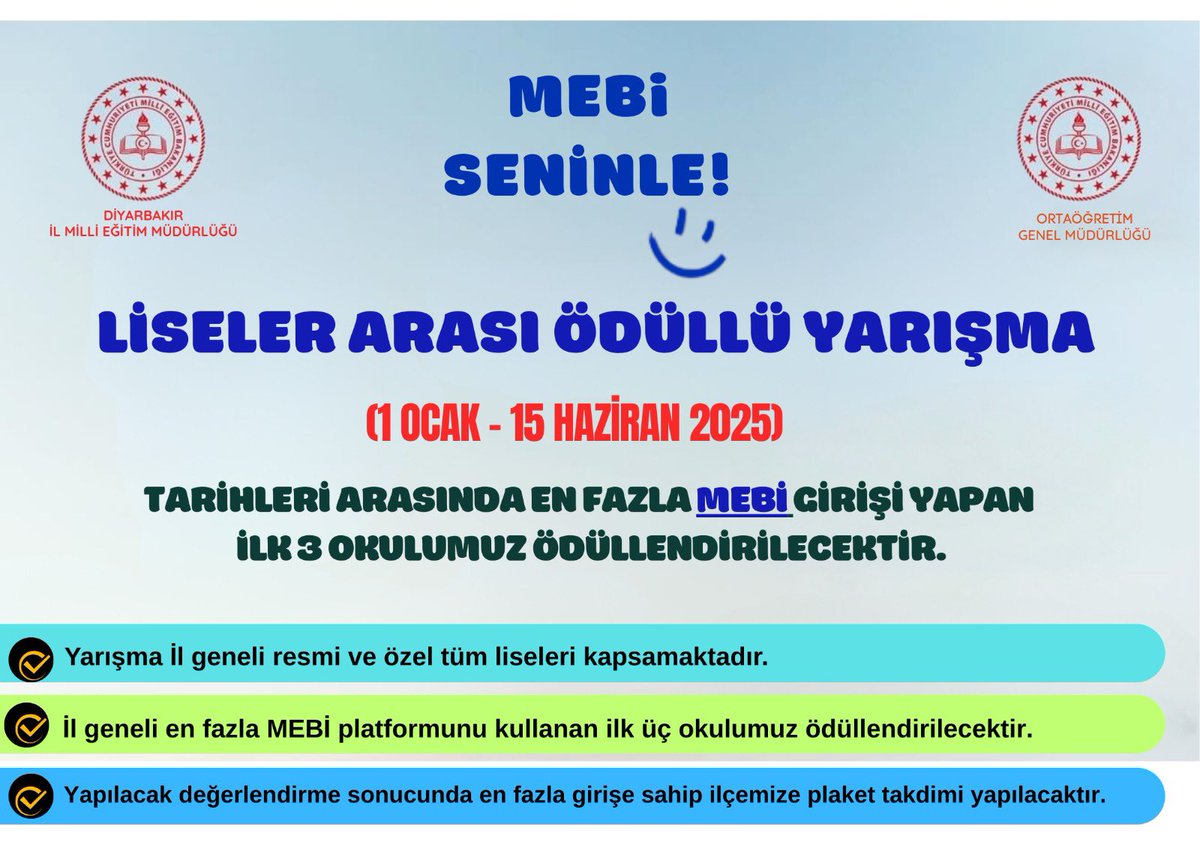 Bakanlığımız tarafından geliştirilen yapay zekâ destekli sınavlara hazırlık uygulaması MEBİ ile öğrencilerimiz sınavlara sistemli ve etkili bir şekilde hazırlanıyor.

<a href="/tcmeb/">Millî Eğitim Bakanlığı</a> <a href="/Yusuf__Tekin/">Yusuf Tekin</a> <a href="/Murat4Kucukali/">Murat Küçükali</a> <a href="/Kayahansubasi/">Kayahan Subaşı</a> <a href="/kayapinarmem/">Kayapınar İlçe Millî Eğitim Müdürlüğü</a>