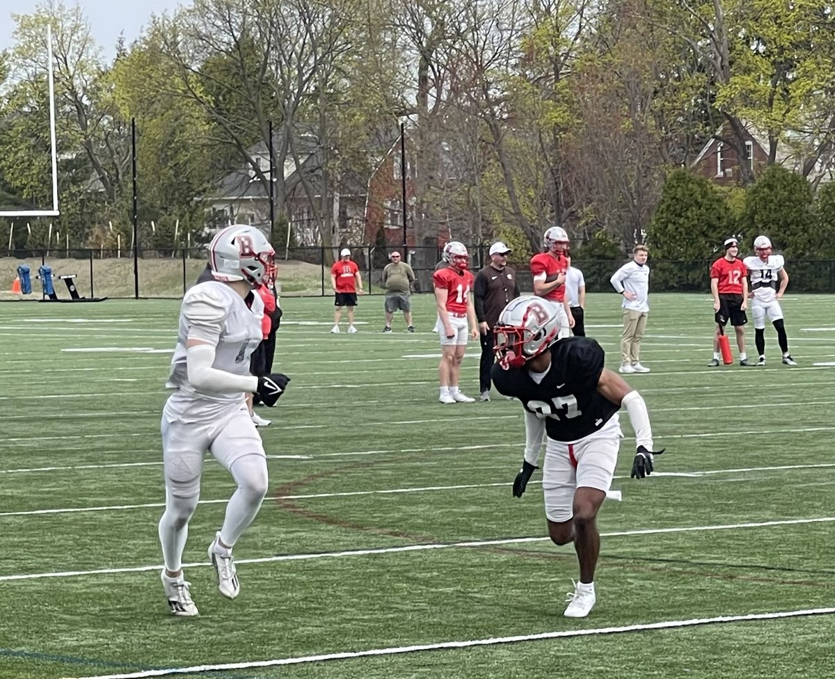 newftbj's tweet photo. The Brown secondary has had a good spring. They plastered all afternoon and more than held their own in contested catch situations. Nick Hudson and Elias Archie are the household names returning but this group will get a lot of love going into fall camp. @BrownU_Football #SpringVisit