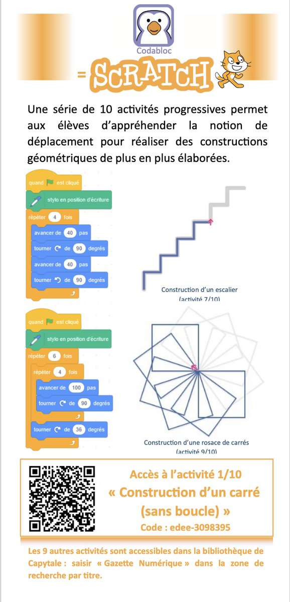 🐱 10 activités "Initiation Scratch" via CAPYTALE et sa bibliothèque en tapant Lucas Girard dans la barre de recherche.

Merci à lui pour le partage :-)

Découvert dans la Gazette de l'Académie de Strasbourg
pedagogie.ac-strasbourg.fr/fileadmin/peda…

#Maths #Scratch