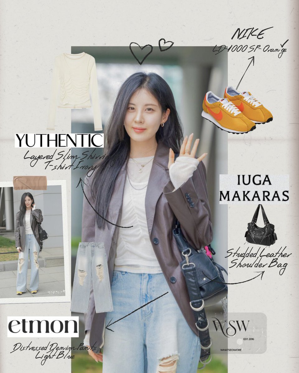 whatseowore's tweet photo. Yuthentic | Layered Slim Shirring T-shirt ₩98,100

Etmon | Distressed Denim Pants ₩160,550

Nike | LD-1000 SP $115

Iuga Makaras | Studded Leather Shoulder Bag ₩206,100

(SBS Power FM Park Ha Sun's Cinetown Radio 250417)

#whatseowore #seohyun #서현 https://t.co/FLKGB6zg4W