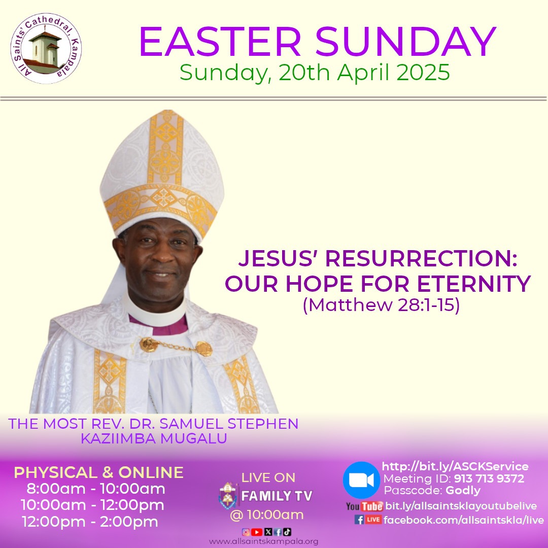 Archbishop Stephen Kaziimba (@archbp_cou) on Twitter photo Join us for the Easter Sunday Services at <a href="/allsaintskla/">All Saints' Cathedral, Kampala</a>, tomorrow, Sunday 20th April, 2025
Time: 08:00am - 10:00am
10:00am - 12:00pm
12:00am- 2:00pm
Theme: Jesus' Resurrection: Our Hope For Eternity
Zoom👇🏼
bit.ly/ASCKService
Meeting Join us for the Easter Sunday Services at <a href="/allsaintskla/">All Saints' Cathedral, Kampala</a>, tomorrow, Sunday 20th April, 2025
Time: 08:00am - 10:00am
10:00am - 12:00pm
12:00am- 2:00pm
Theme: Jesus' Resurrection: Our Hope For Eternity
Zoom👇🏼
bit.ly/ASCKService
Meeting
