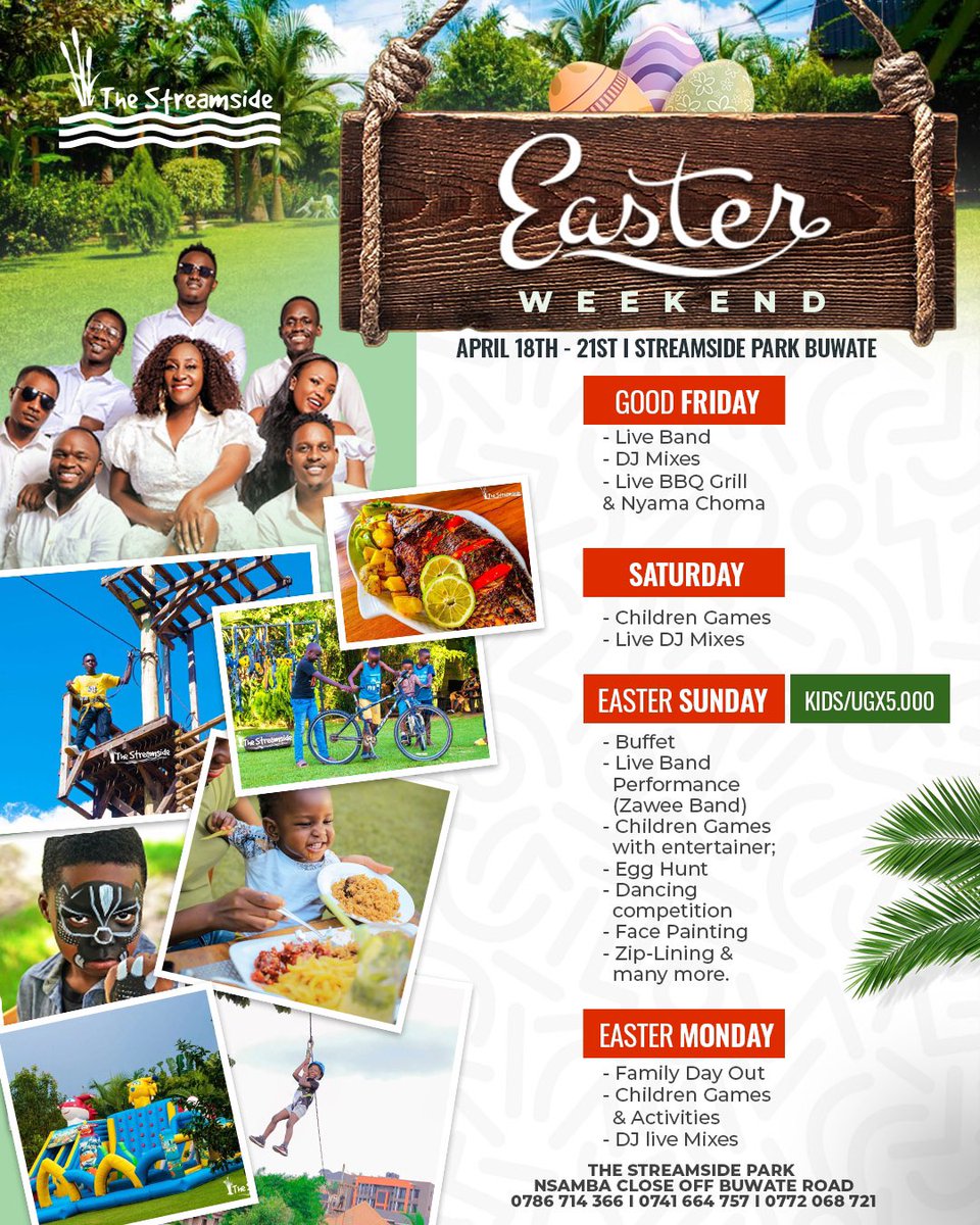 TracyKirabo4's tweet photo. The Easter Weekend is here and there so many fun activities for you and your family at @thestreamsideug 😍
Check them out tomorrow for some great meals, band, children’s games and much more!
#TheStreamsideUg https://t.co/Gah9UVDp7m