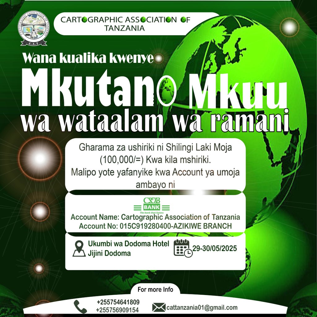 MeshakiNyambo's tweet photo. Fee: 100,000 Tanzanian Shillings (approximately $36 USD based on 2025 exchange rates) per participant. 

Payment Instructions:
Payments should be made to the C.A.T.’s account at CRDB Bank: 

Account Name: Cartographic Association of Tanzania https://t.co/xCLdCk0gnX