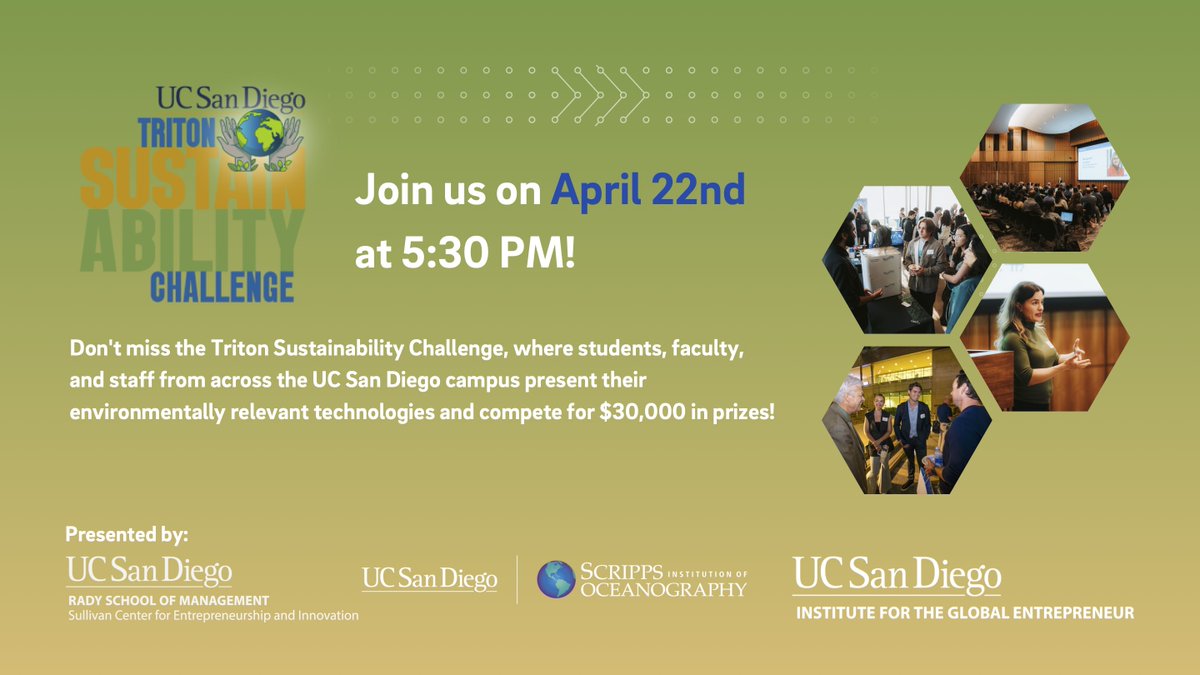 Scripps Institution of Oceanography (@scripps_ocean) on Twitter photo Join us on April 22 at 5:30pm for this year's Triton Sustainability Challenge, a business competition led by <a href="/UCSDJacobs/">UCSD Engineering</a>, <a href="/RadySchool/">UC San Diego Rady School of Management</a> and Scripps. 🌎 Finalists will present environmentally-focused technologies & compete for cash prizes. Register today! bit.ly/43TItBh Join us on April 22 at 5:30pm for this year's Triton Sustainability Challenge, a business competition led by <a href="/UCSDJacobs/">UCSD Engineering</a>, <a href="/RadySchool/">UC San Diego Rady School of Management</a> and Scripps. 🌎 Finalists will present environmentally-focused technologies & compete for cash prizes. Register today! bit.ly/43TItBh