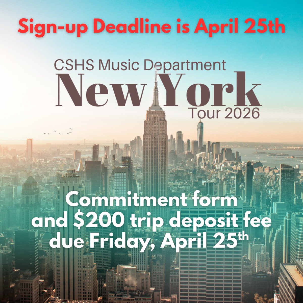 CSHS Music Boosters (@csmusicboosters) on Twitter photo REMINDER: Commitment forms and trip deposit DUE FRIDAY, APRIL 25th for students signing up for the 2026 NYC Music Department Trip. Need the information? email sbailey@d230.org or DM Music Boosters for the handout. <a href="/SandburgChoirs/">SandburgChoirs</a> REMINDER: Commitment forms and trip deposit DUE FRIDAY, APRIL 25th for students signing up for the 2026 NYC Music Department Trip. Need the information? email sbailey@d230.org or DM Music Boosters for the handout. <a href="/SandburgChoirs/">SandburgChoirs</a>