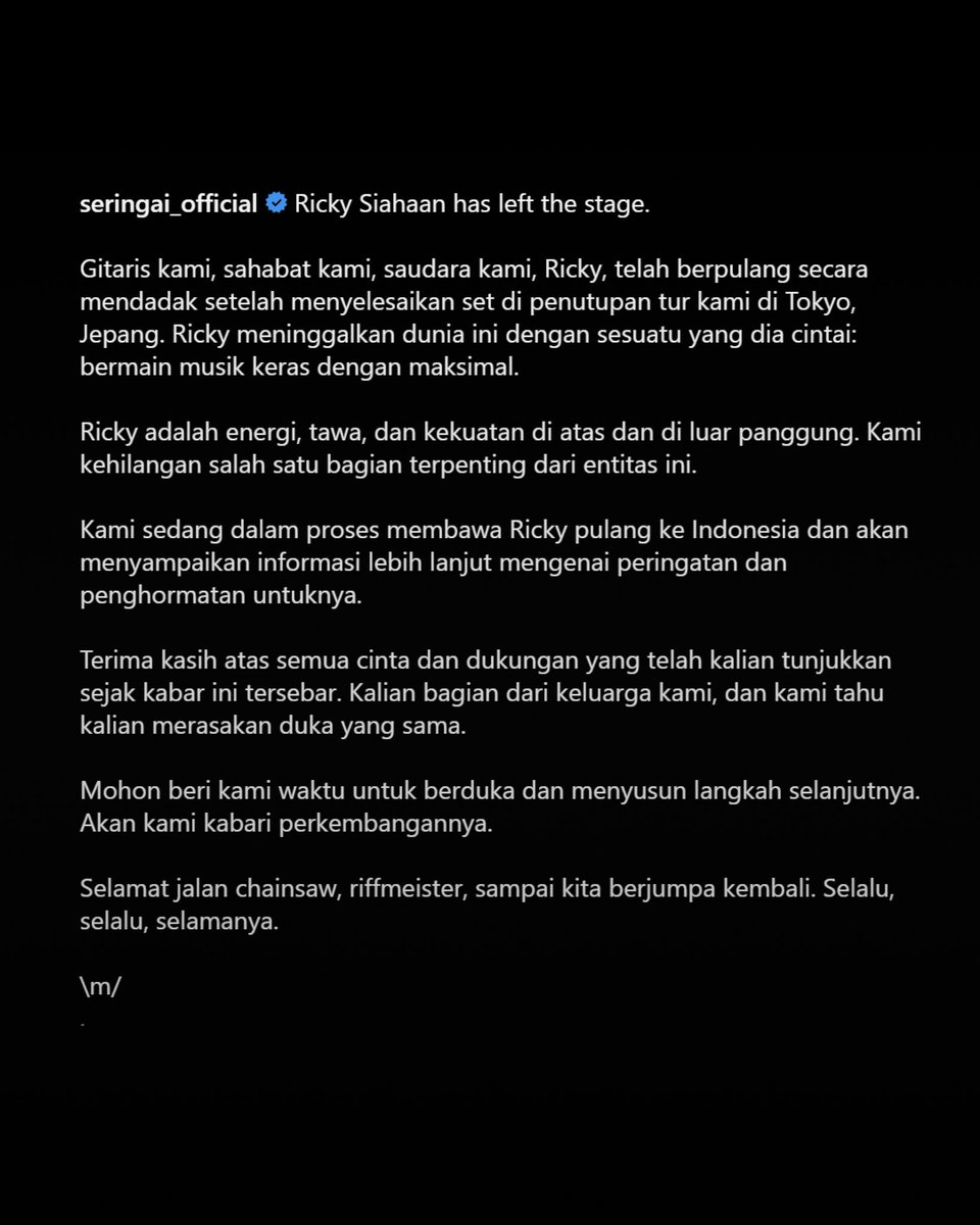 Turut berduka cita untuk keluarga besar Seringai (<a href="/Seringai/">Seringai | ニヤリ</a>) atas kepergian sang gitaris Ricky Siahaan 🥀

Beristirahat dengan tenang, 
Karyamu menjadi warisan rasa yang tak lekang oleh zaman ❤️

#MOUSAIK #MusikIndonesia