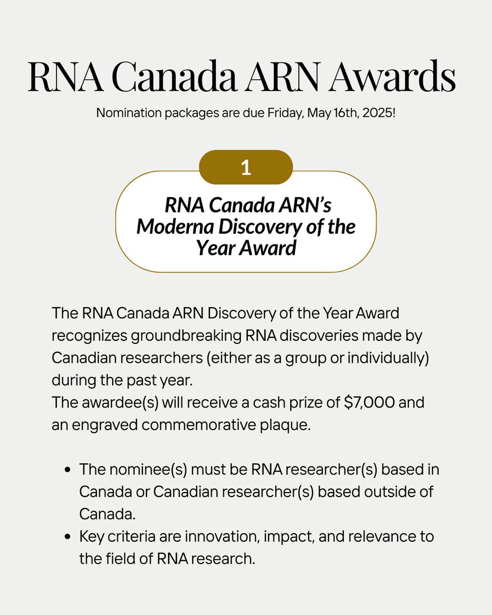 RNACanadaC2R2's tweet image. RNA Canada ARN is pleased to invite nominations for three awards to be made in 2025.
Nomination packages are due Friday, May 16th, 2025!
rnacanada.ca/rna-canada-arn…