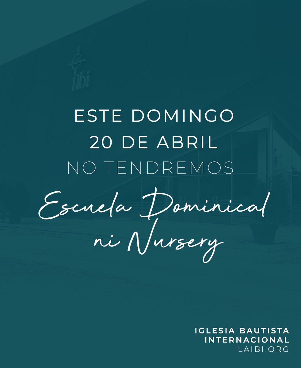 Recuerda que mañana domingo 20 de abril no tendremos Escuela Dominical ni Nursery. 

Te esperamos en uno de nuestros servicios a las 9:00 a.m. y 11:45 a.m.