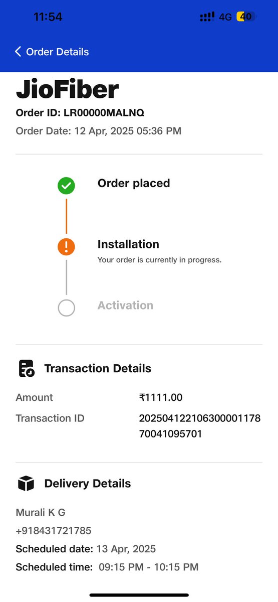 urtrulyMurali's tweet photo. Hi @JioCare I placed an order for JioAirFiber ID: LR00000MALNQ on 12th April &amp; paid 1111. The installation was scheduled for 13th April but till now no update. Despite repeated attempts, I’m not getting any response, Please resolve this urgently or initiate a refund @reliancejio https://t.co/HY6hycdBhy