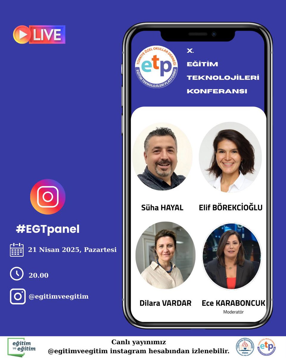 Eğitimde dijital dönüşüm ve yenilikleri konuşmak için #EGTpanel’de buluşuyoruz!
Süha Hayal, Elif Börekcioğlu ve Dilara Vardar; Ece Karaboncuk moderatörlüğünde, 21 Nisan 20.00’de <a href="/EgitimveEgitim/">Eğitim ve Eğitim</a> IG canlı yayında!
<a href="/EceKaraboncuk/">Ece Karaboncuk</a> <a href="/hayallife/">Süha Hayal </a> <a href="/dilaravardar26/">Dilara Vardar</a> <a href="/elifborekcioglu/">Elif Börekcioğlu</a>