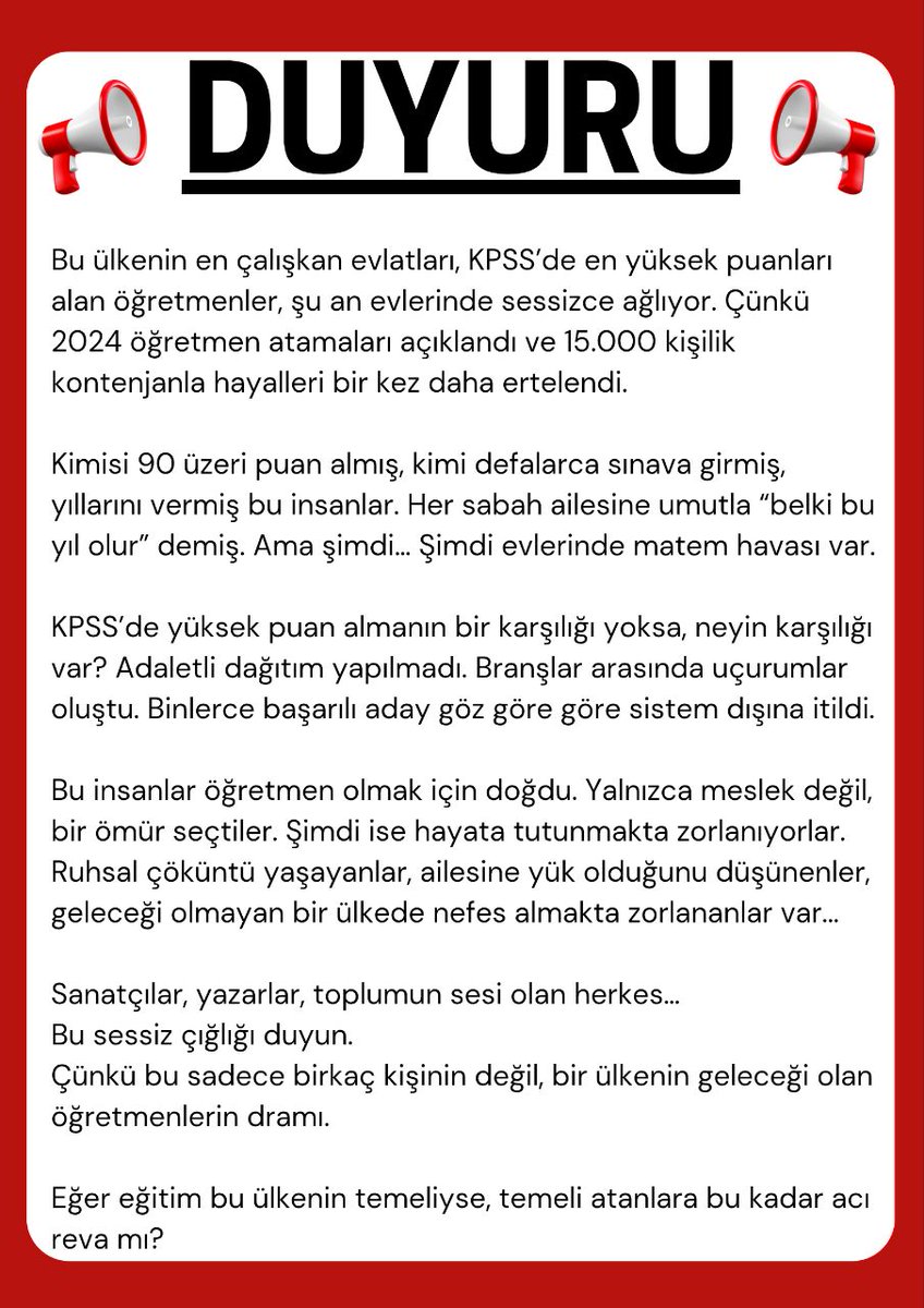 Fen Bilimleri (@allahimyeterya) on Twitter photo <a href="/vekilince/">Muharrem İNCE</a> Yüksek puan alan öğretmenler uçurumları andıran birbirinden uzak kontenjanlarla mağdur ediliyor. Öğretmenler vatandaşlar, sanatçılar, yazarlar ve toplumun ileri gelenlerine seslerini ve çaresizliklerini duyuruyor. Lütfen öğretmenlerin çığlığını duyun.
#Kpss2024AtamasındaKıyımVar <a href="/vekilince/">Muharrem İNCE</a> Yüksek puan alan öğretmenler uçurumları andıran birbirinden uzak kontenjanlarla mağdur ediliyor. Öğretmenler vatandaşlar, sanatçılar, yazarlar ve toplumun ileri gelenlerine seslerini ve çaresizliklerini duyuruyor. Lütfen öğretmenlerin çığlığını duyun.
#Kpss2024AtamasındaKıyımVar