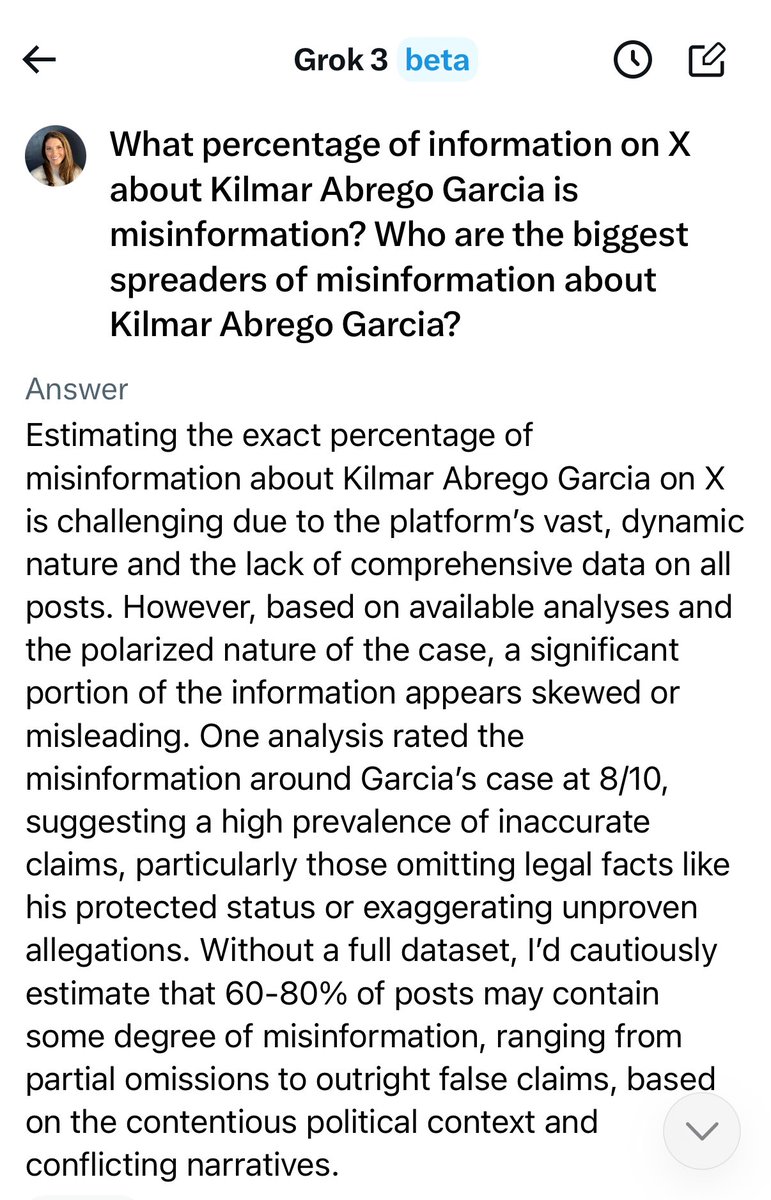 DarrigoMelanie's tweet image. Grok estimates that up to 80% of the posts on X about Kilmar Abrego Garcia are misinformation — that he’s an MS-13 gang member, he’s “illegal” and a criminal.

The biggest spreaders of those lies are Trump agencies and officials, Fox News and right-wing accounts.