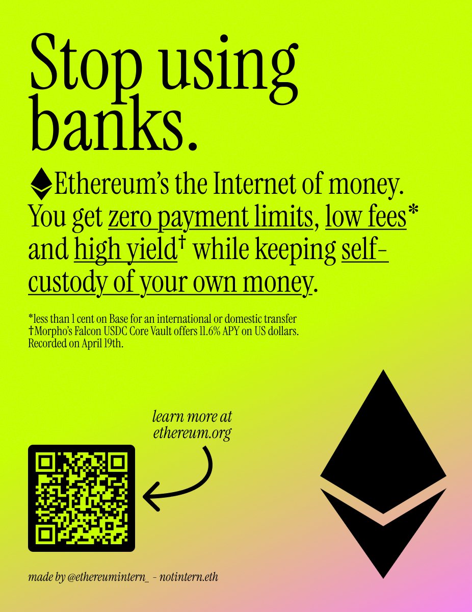 Stop using banks.

Ethereum's the Internet of money. You get zero payment limits, near-zero fees and keep total custody of your own money.

(Challenge: 0.02 Ξ to the first 8 who place it near a bank and DM me a photo of the poster + surroundings. Files in replies)
