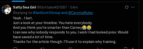 The Ian Scott Group (@ianscottgroup) on Twitter photo And this my friends, is how a typical Canadian "journalist" responds. Can you count the logical fallacies? 🤣 Yes, <a href="/CarymaRules/">Caryma Sa'd - Lawyer + Political Satirist</a> is a much better journalist than you ever could be, <a href="/GottabeKD1267/">Salty Sea Girl</a>
Pathetic fools who think so highly of themselves without any self-reflection. And this my friends, is how a typical Canadian "journalist" responds. Can you count the logical fallacies? 🤣 Yes, <a href="/CarymaRules/">Caryma Sa'd - Lawyer + Political Satirist</a> is a much better journalist than you ever could be, <a href="/GottabeKD1267/">Salty Sea Girl</a>
Pathetic fools who think so highly of themselves without any self-reflection.