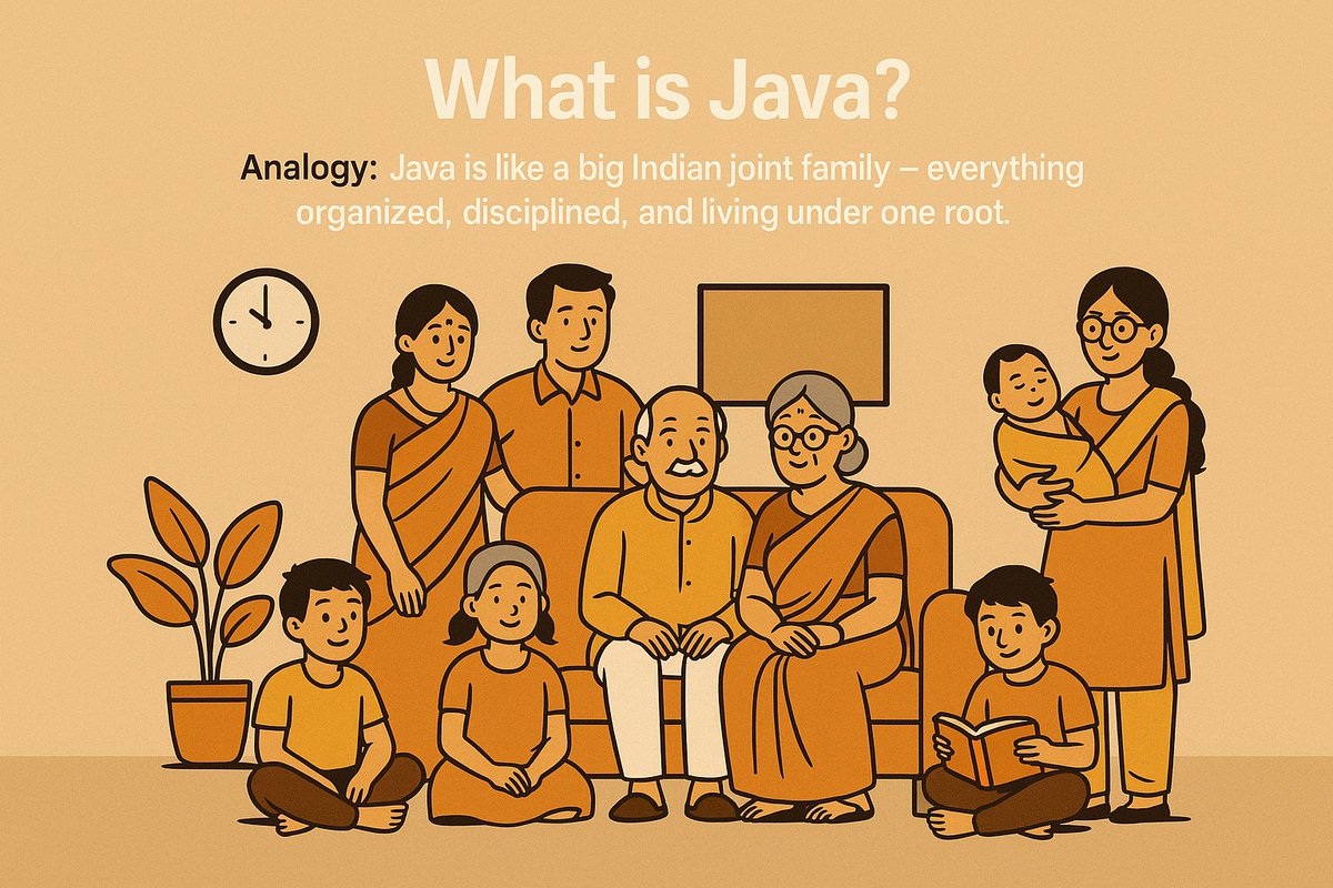 JavaCodeX1's tweet image. Welcome to Java Ki Khani👪
What is Java?
Analogy: Java is like a big Indian joint family – everything organized, disciplined, and living under one roof.
Java is a high-level, object-oriented programming language that is designed to have as few implementation dependencies.