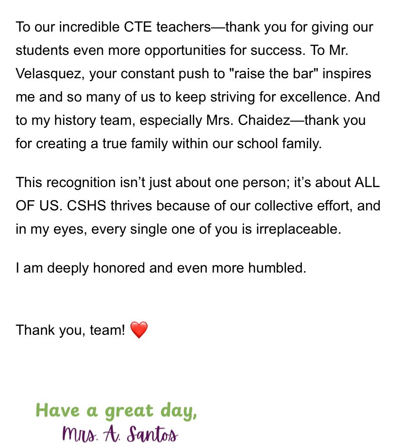 RoehlVelasquez's tweet photo. Feeling incredibly grateful reading a segment of this message shared with our CSHS staff. THIS is what makes my job important. THIS is what fuels me to do my job even better.
When we lift each other up, we all thrive—and our students win the most.
#Gratitude #CSHSpride #CSHSTOY https://t.co/g1VFIgS3kh
