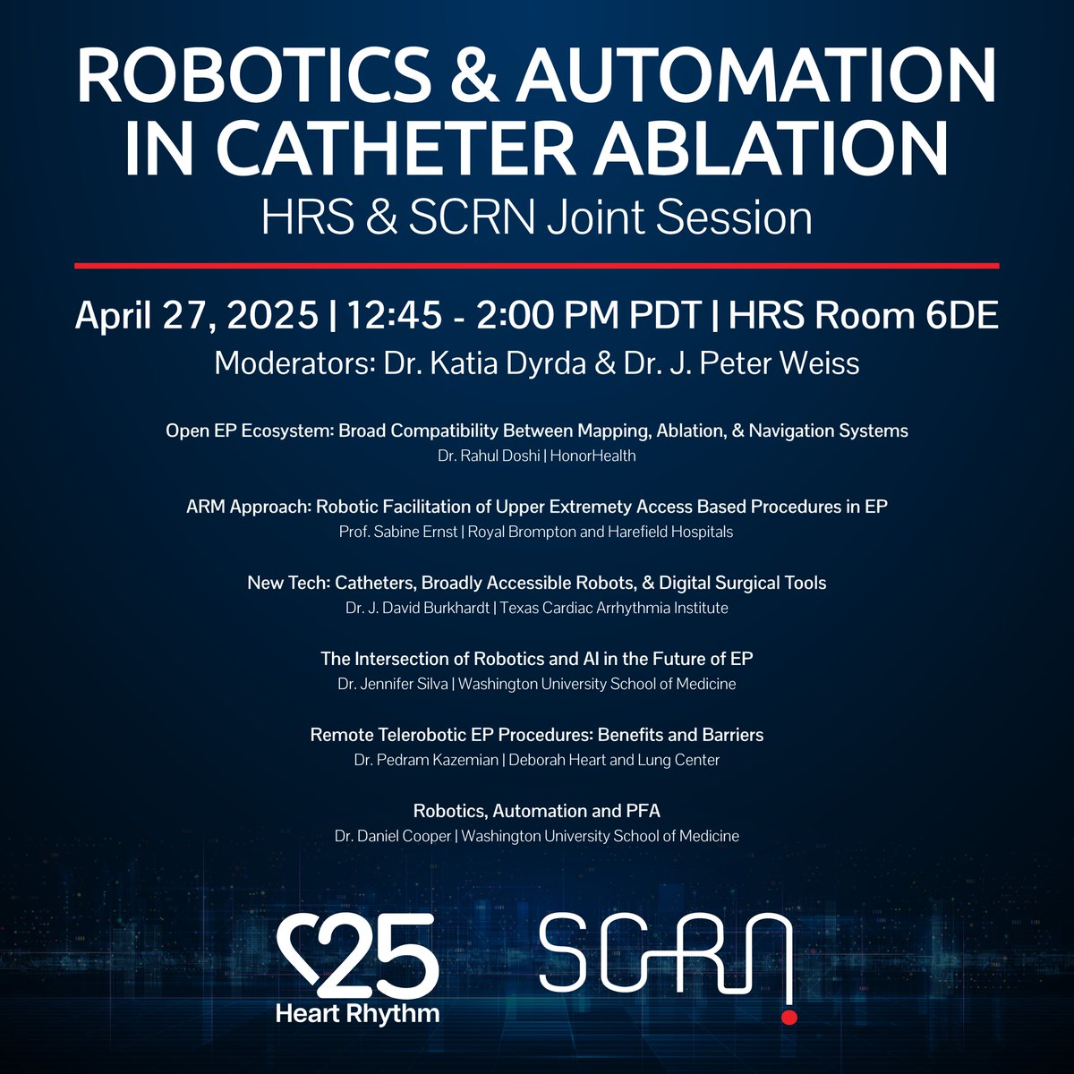 🚨 One week to go!
Join us at HRS 25 in San Diego for an exciting joint session from HRS &amp; SCRN on Robotics &amp; Automation in Catheter Ablation
🗓 April 27 | 12:45 – 2:00PM
📍 HRS Room 6DE
Explore how robotics and AI are shaping the future of EP with leading experts. Don't miss it!