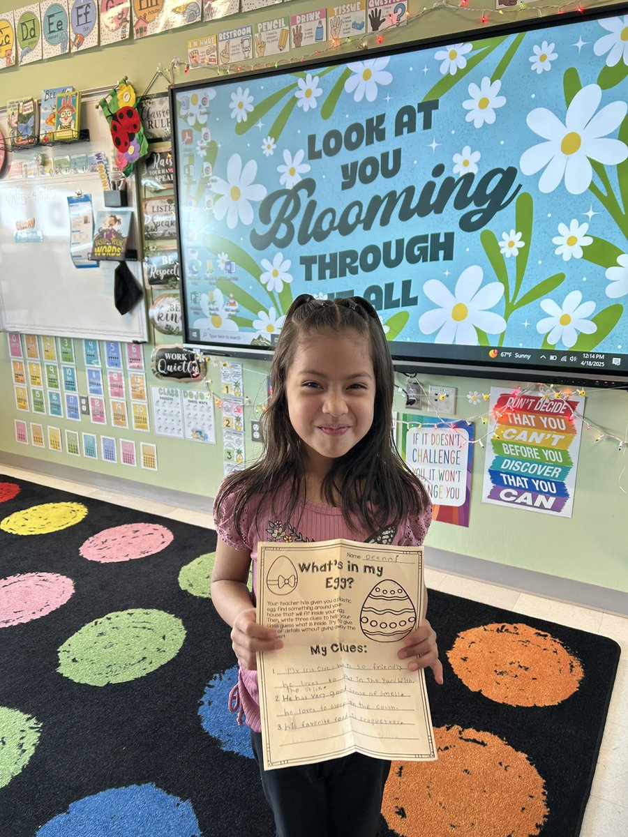 Mrs_MPires's tweet photo. We had so much fun writing clues and having our classmates guess what could possibly be inside. We were stumped on a few! We also went hunting for eggs! Have a wonderful break! @RotellaWarren #RSS11 https://t.co/nrCdYaIhHA