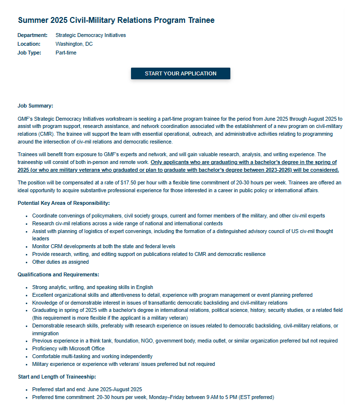 Josh Rudolph (@joshrudes) on Twitter photo Know any college seniors with superb organizational skills? We’re hiring two paid summer interns on my team at <a href="/gmfus/">German Marshall Fund</a>!
👨🎓 One for programs ranging from Ukrainian reform to US democracy promotion.
👩🏽🎓 One to help launch a program on US civ-mil relations.
gmfus.org/about/careers Know any college seniors with superb organizational skills? We’re hiring two paid summer interns on my team at <a href="/gmfus/">German Marshall Fund</a>!
👨🎓 One for programs ranging from Ukrainian reform to US democracy promotion.
👩🏽🎓 One to help launch a program on US civ-mil relations.
gmfus.org/about/careers
