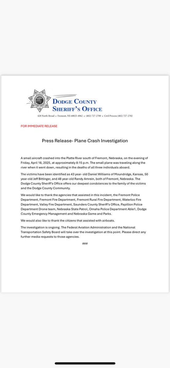 BREAKING: Dodge County Officials have identified the victims involved in the plane crash on the Platte River.

The investigation is ongoing and will be taken over by the NTSB and the FAA.