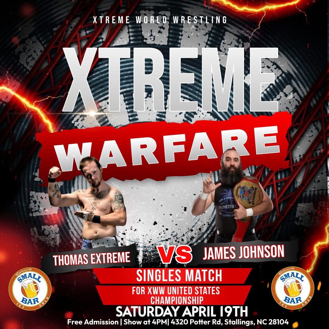 XwwOfficial's tweet image. TV taping of Xtreme Warfare at Small Bar Matthews Today April 19th!

James Johnson will defend his XWW United States Championship against Thomas Extreme! 

Small Bar Matthews, 4320 Potter Rd, Stallings, NC 28104. 4pm Free Admission