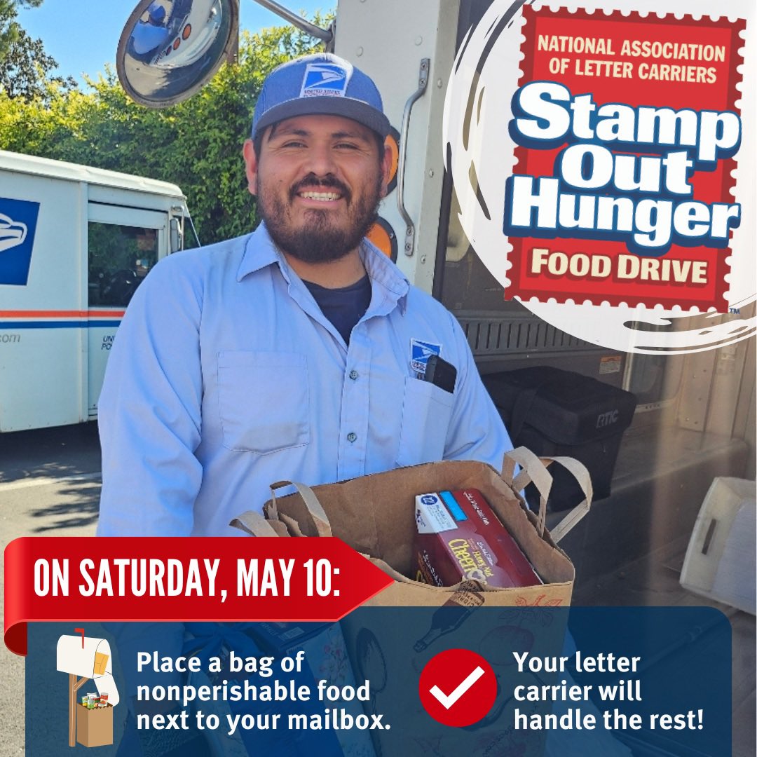 NALC_National's tweet photo. #StampOutHunger is the largest one-day food drive in America, and letter carriers are proud to deliver for every food bank counting on us — over 1.9 billion lbs of food collected since 1993! All you have to do is leave your donation by your mailbox on May 10. Mark your calendars! https://t.co/73SnJP7cHL