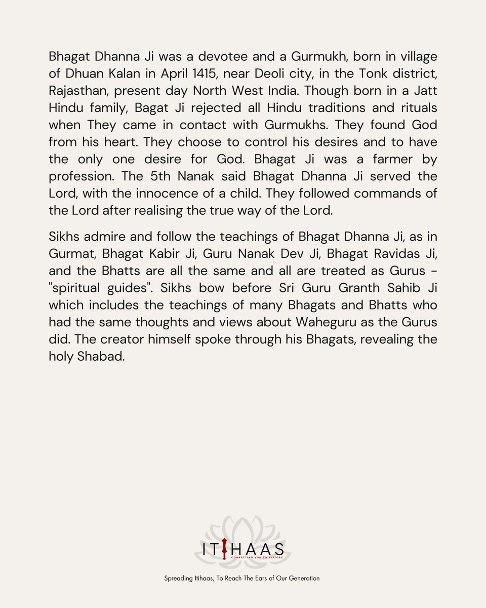 itihaas_th's tweet photo. Congratulations On The Occasion Of Janam Dihara of Bhagat Dhanna Ji
ਭਗਤ ਧੰਨਾ ਜੀ ਦੇ ਜਨਮ ਦਿਹਾੜੇ ਦੀਆਂ ਸਾਰਿਆਂ ਨੂੰ ਲੱਖ ਲੱਖ ਵਧਾਈਆਂ ॥
#TodayInHistory #India #Punjab #History #Sikhs #JanamDihara #BhagatDhannaJi #SriGuruGranthSahib #SriGuruGranthSahibJi #GuruArjanDevJi #GuruRamdasJi https://t.co/Jy8C7qSS7n