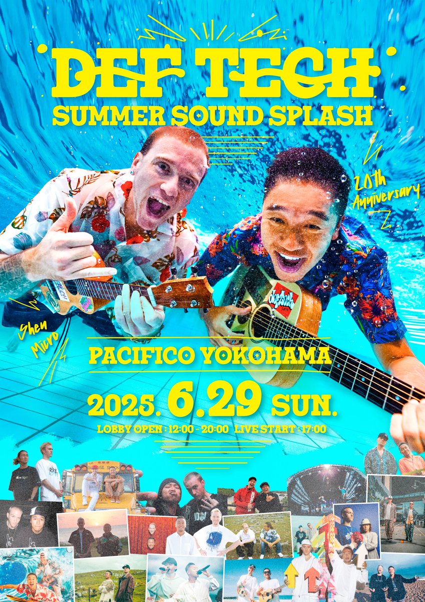Def_Tech's tweet photo. /／
📣 #DefTech
“Summer Sound Splash”
🎫チケット好評発売中💥
\＼

デビュー20周年イヤーを祝うスペシャルなワンマンライブ、6/29(日) パシフィコ横浜にて開催！

12時より開放するフリーのエントランスエリアでは🌺ハワイ＆サーフカルチャー感じるマーケットが多数出店！
屋外では、JIM BEAMハイボールが飲めるドリンクエリアや、キッチンカーによるフードエリアも一般開放！
一日を通してDef Techのカルチャーを感じる特別な一日を演出します🏖️

当日はファンクラブ特典に加え、Microよりサーファー特典 by POLeR、Shenよりウクレレ特典 by KoAlohaが追加決定！

マーケット情報も含め詳細は近日公開します
ぜひ、SNSをフォローして最新情報をチェックしてください📱

📍“Summer Sound Splash”特設サイト
https://t.co/3QwkfkkeTe
 
🎫 チケットはこちら！
◎ローチケ：https://t.co/9UnNgpKMa1
◎イープラス：https://t.co/kmJCqfiRy0
◎チケットぴあ：https://t.co/ybEovTaW92
 
#まだまだデフるぜ #DefTech20th #SummerSoundSplash #パシフィコ横浜 #ウクレレ特典 #サーファー特典