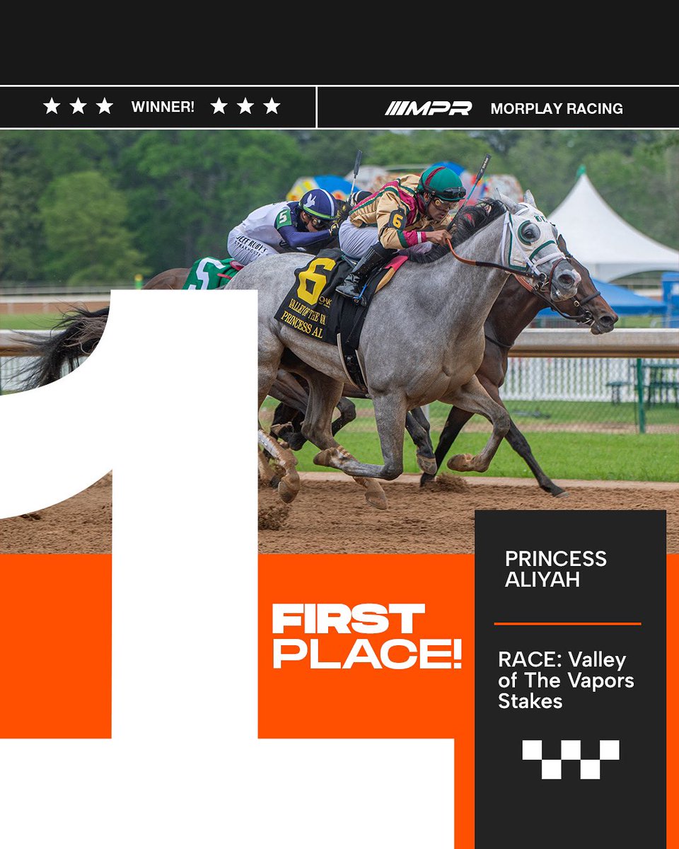 MorplayRacing's tweet photo. Princess Aliyah got her first stakes win!Flying from the middle of the pack to take the Valley of the Vapors!
Perfectly timed ride by Luis Saez.
This one hits different.
#MorplayRacing #PrincessAliyah #StakesWinner #LuisSaez #LessWorkMorPlay https://t.co/zA7wYOceG2