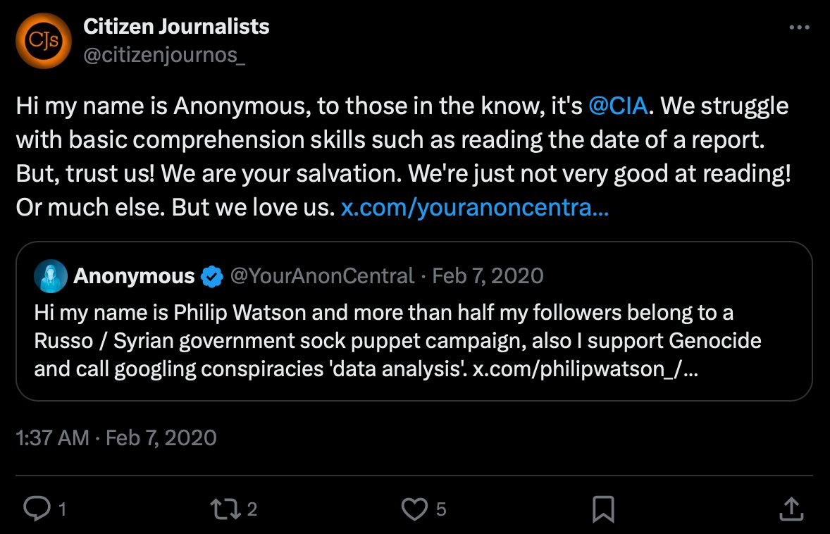 This CIA account, with 5.2 m followers, singled me and <a href="/hiddensyria/">hiddensyria</a> out for some special attention. 

Fucking retards 😂