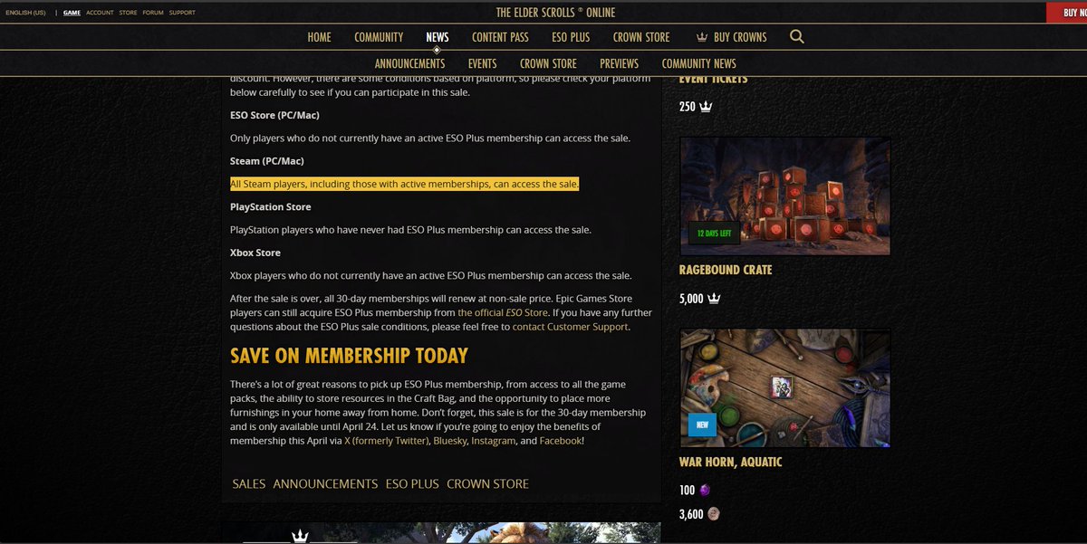 HannibalCrossin's tweet photo. @TESOnline Can we get an explanation for this please? i renewed my sub today hoping to take advantage of the discount and it didn't let me. Your website clearly states that on Steam everybody is eligible to said discount https://t.co/v0z5MU2Jrj