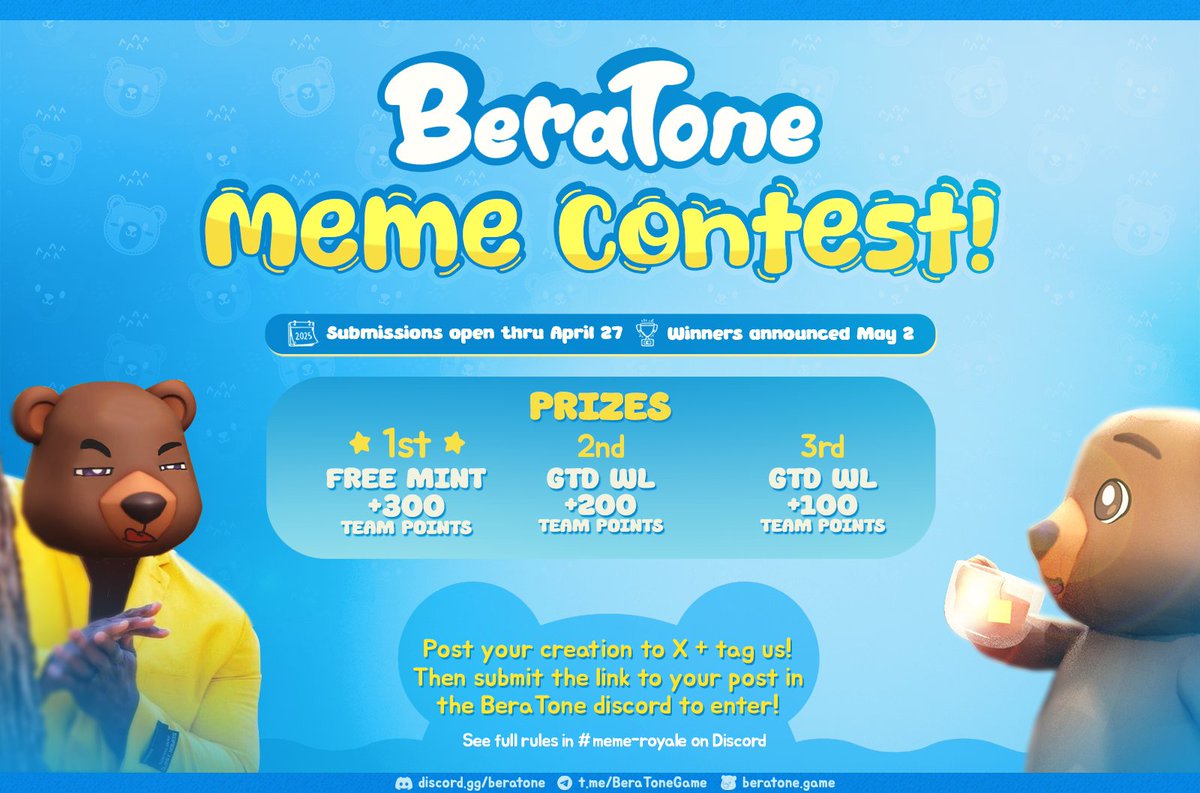 BeratoneGame's tweet photo. Announcing the Team Battle Royale MEME CONTEST 🐻🎶

👑 Meme 'em up, BeraToners!

Participating earns your team points.
🏆 Prizes include FREE MINT and GTD WL for our upcoming BeraToners mint!

⬇️ Full rules + submissions in Discord! https://t.co/mqx5gAaBf3