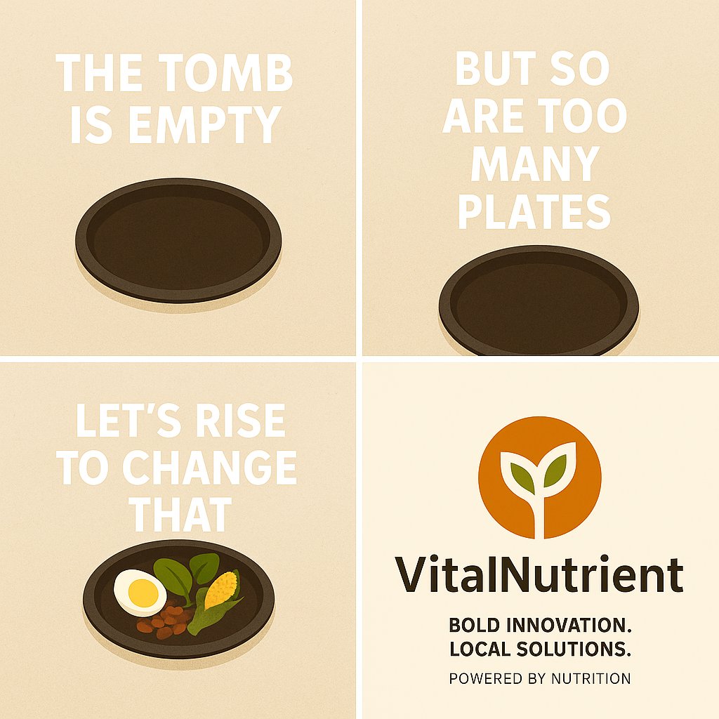 VitalNutrient's tweet photo. The tomb is empty.
But so are too many plates.
This Easter, letโs rise to change that.
๐ Nourish lives. Restore dignity. Power change.
#EasterWithImpact | #PoweredByNutrition | #BoldLocalVital https://t.co/rROGyio5ft