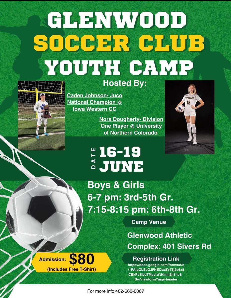 GlenwoodRams's tweet photo. Glenwood alums Caden Johnson &amp; Nora Dougherty will be hosting a soccer camp June 16-19th. Sign up here: https://t.co/eYoAp0FRME https://t.co/WFndQrp5wa
