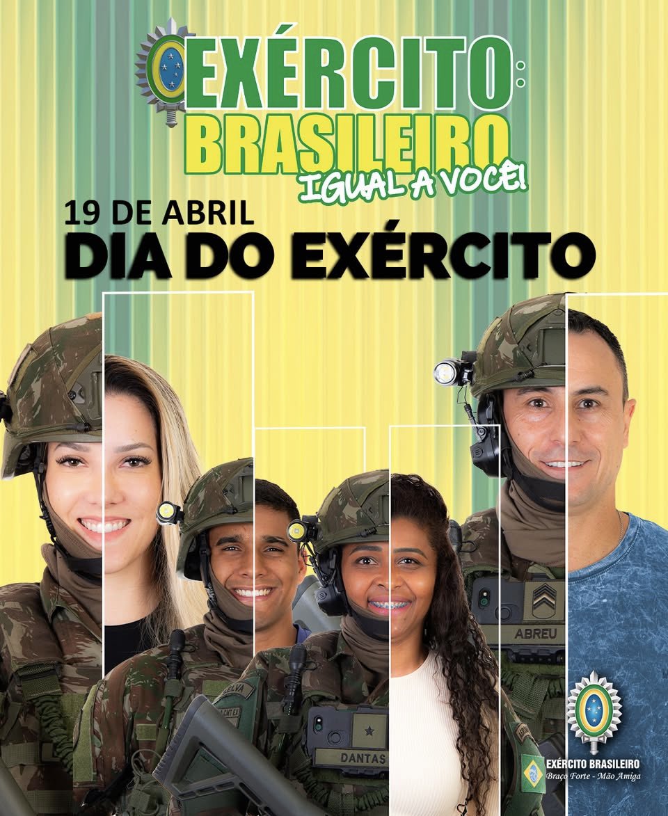 exercitooficial's tweet photo. 🔰 19 DE ABRIL
🇧🇷 DIA DO EXÉRCITO BRASILEIRO

🪖 Celebramos hoje, com orgulho, o Dia do Exército, data que nos remete às nossas origens gloriosas e ao marco histórico que definiu o caráter de nossa Força: a Batalha de Guararapes. 

👏 Em 2025, completamos 377 anos de existência e 80 anos da vitoriosa campanha da Força Expedicionária Brasileira (FEB) na 2ª Guerra Mundial. 

🫡 Ao evocarmos neste dia a bravura dos heróis de Guararapes e da FEB, reafirmamos nosso compromisso com os valores que nos guiam: a disciplina, o patriotismo, a hierarquia e, principalmente, o espírito de servir.

🇧🇷 Exército: brasileiro igual a você 🫵❗