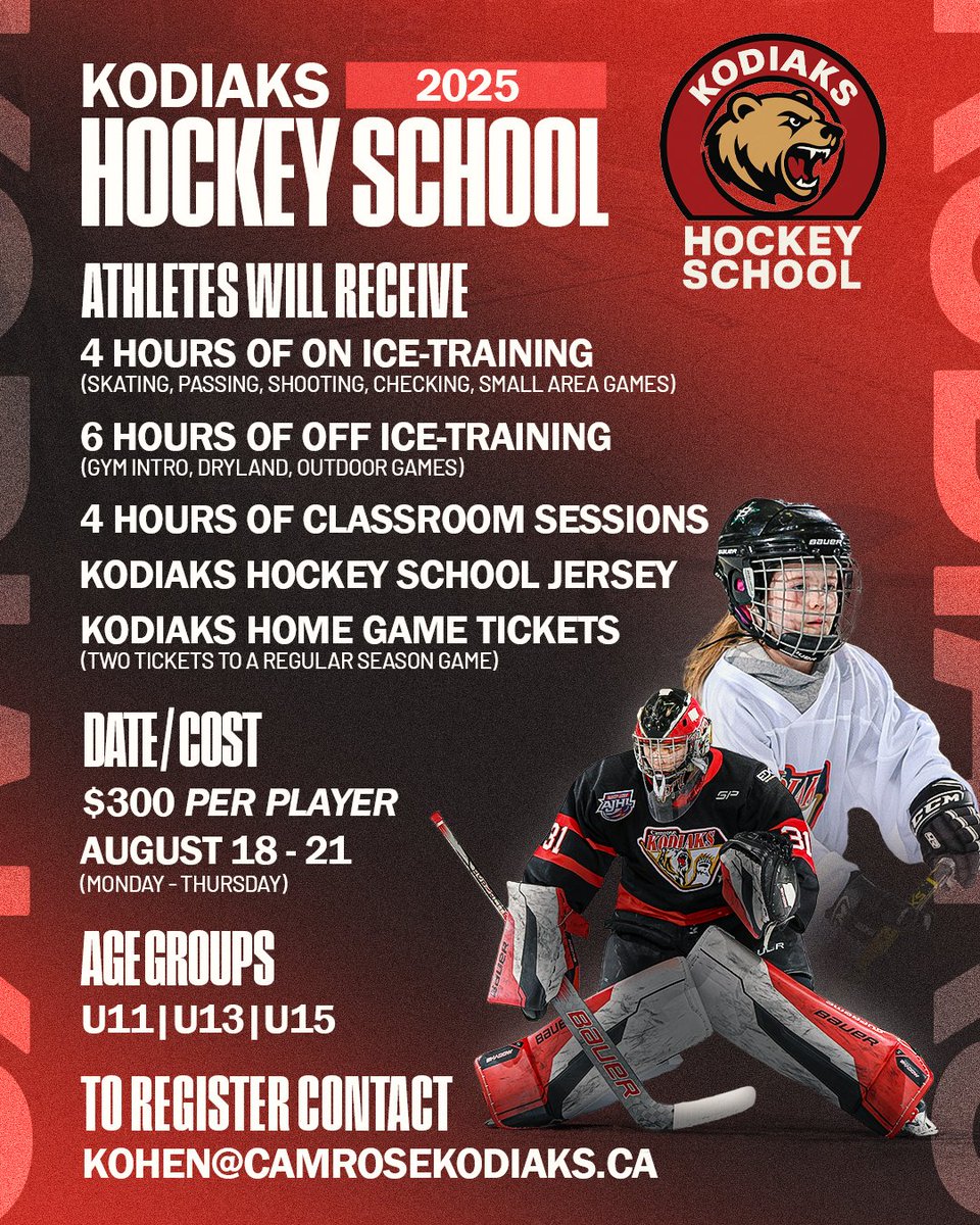 🚨 KODIAKS HOCKEY SCHOOL IS BACK! 🐾

Join us at the Camrose Recreation Centre for four full days of skill development, training, and fun. Open to U11, U13, and U15 age groups.

Cost: $300 per player

To register, contact kohen@camrosekodiaks.ca.
Spots are limited.