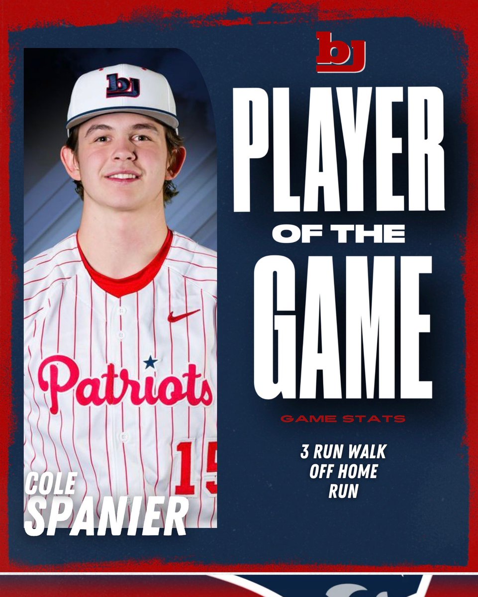 Bob Jones Baseball (@bjhsbaseball) on Twitter photo Pats (32-9) walk it off to pull off the 3-game sweep of James Clemens!!
<a href="/ColeSpanier/">Cole Spanier</a> hit a 3-run walk off TANK to end it!!!
Back in action Friday at home in the 1st round of the playoffs versus #6 Thompson! Pats (32-9) walk it off to pull off the 3-game sweep of James Clemens!!
<a href="/ColeSpanier/">Cole Spanier</a> hit a 3-run walk off TANK to end it!!!
Back in action Friday at home in the 1st round of the playoffs versus #6 Thompson!