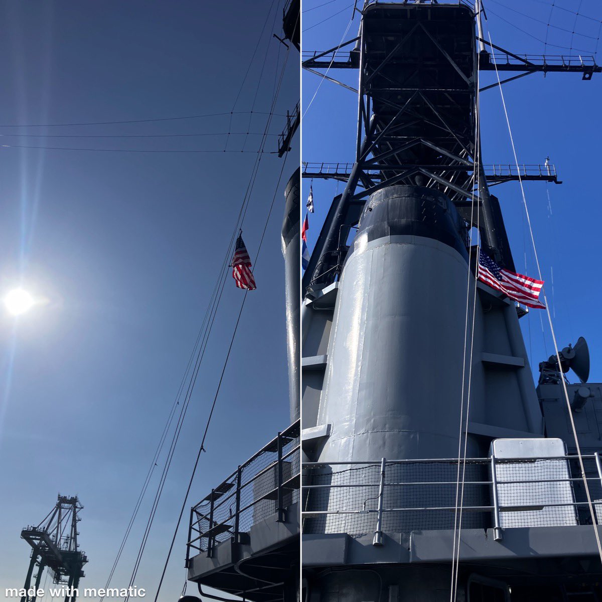 PLPIBrian's tweet photo. I have the honor of flying flags for veterans as part of my duties aboard the Battleship Iowa. I flew 2 today. As it was our annual Day of Remembrance for the Iowa 47, I thought it appropriate to fly them at half mast! #theparatraveler #hauntedplaces #hauntedhistory https://t.co/ulsWwkFV3T