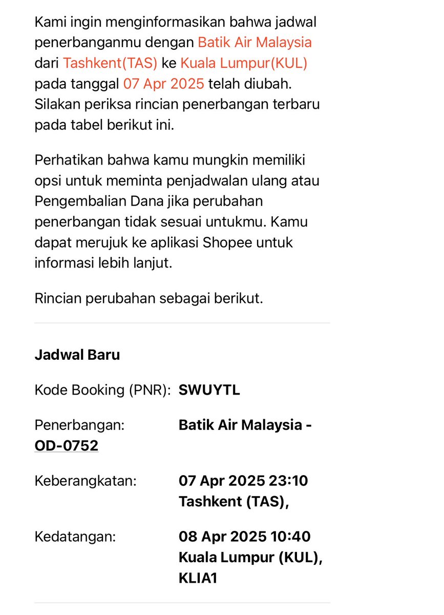 av3ana's tweet photo. 2. berawal dari tgl 13 feb, saya terima email kalau ada resechedule dari pihak maskapai @malindoair . ada OPSI untuk mengajukan pengembalian dana. lalu saya mencoba lewat CS @ShopeeCare di aplikasi @ShopeeID . dan ditolak https://t.co/693qKCsCr4