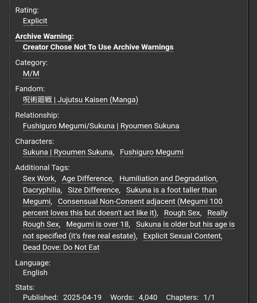 Now that i can post again... here it is! The <a href="/skfsweek2025/">Sukufushi Week 2025</a> thread fic that got me put in time out is now live! Since it was destined for ao3, I ending up adding 1k to it and making it way dirtier, so it was for the best 🥰 

For day 7 NSFW: Beg for it, Blessing
#skfsweek2025
